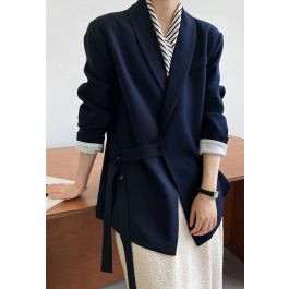 Shawl Collar Buttoned Waist Blazer in Navy | Chicwish