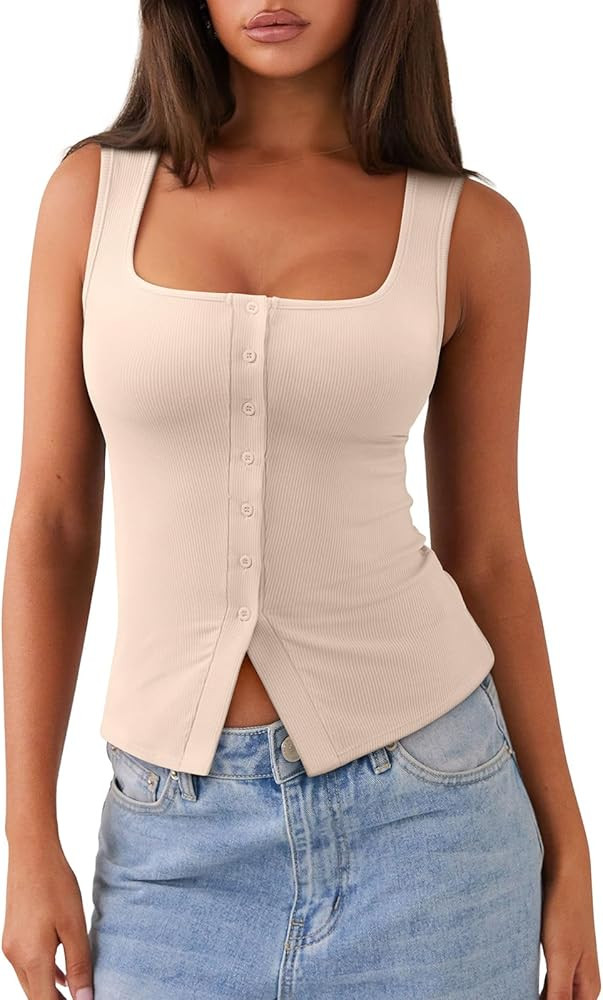 REORIA Women's Sexy Ribbed Button Down Square Neck Tank Tops Trendy Y2K 2026 Summer Sleeveless Go... | Amazon (US)