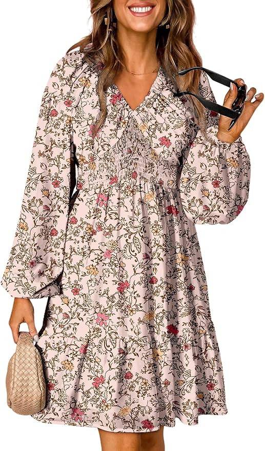 Dokotoo Womens Dresses 2025 Boho Floral V Neck Long Sleeve Smocked Elastic Waist Casual A-Line Sw... | Amazon (US)