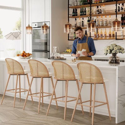 TYBOATLE Bar Stools Set of 4, 29" Rattan Swivel Barstools with White Faux Leather, Boho Mid-Century Modern Upholstered Bar Chairs for Kitchen Island | Target