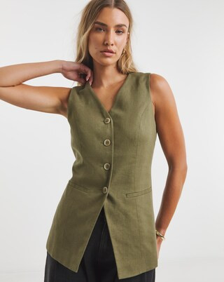 Khaki Linen Blend Longline Waistcoat | Simply Be (UK)
