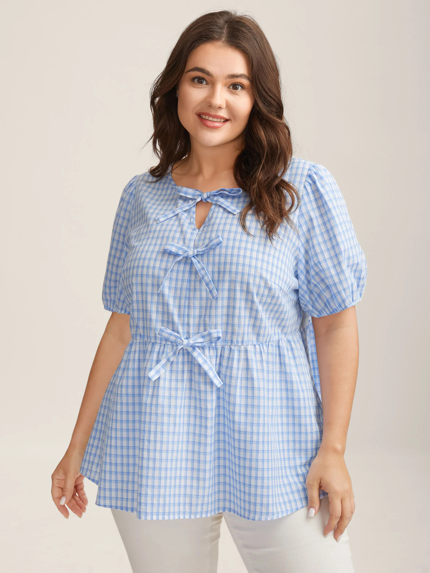 Bow Front Plaid Print Babydoll Top | Bloomchic