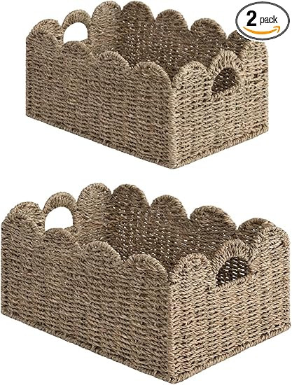 StorageWorks Scalloped Edge Wicker Basket, Hand-woven Rattan Baskets with Built-in Handles, Seagr... | Amazon (US)