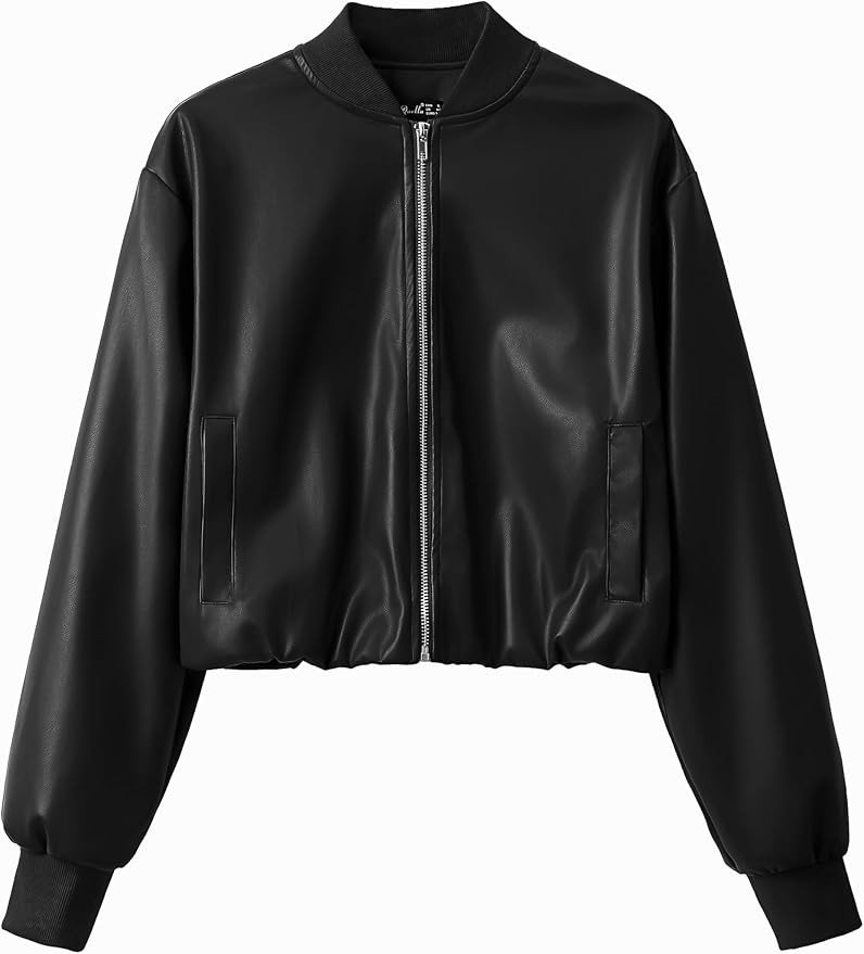 Women's Cropped Slightly Stretch Faux Leather Zip Up Baseball Jackets with Cotton Ribbed | Amazon (US)