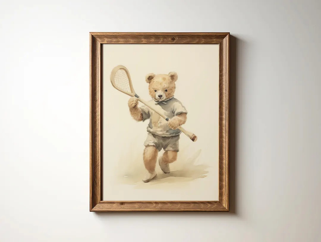 Teddy Bear Playing Lacrosse Art Nursery Teddy Bear Art Kid Room Lacrosse Print Nursery Sports Art... | Etsy (US)