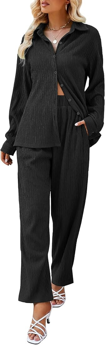HAOGUIMI Women Pleated Y2K 2 Piece Plisse Set Casual Long Sleeve Button Down Shirt Wide Leg Pants... | Amazon (US)