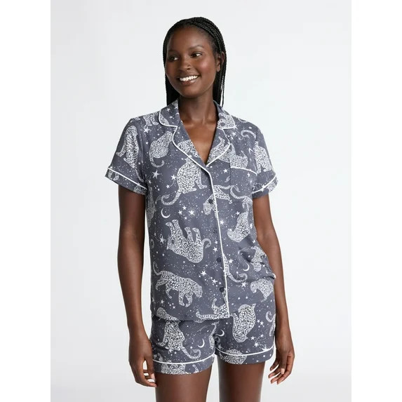 Joyspun Women’s Dreamy Soft Collection Notch Collar Knit Top and Boxer Shorts Pajama Set, Sizes... | Walmart (US)