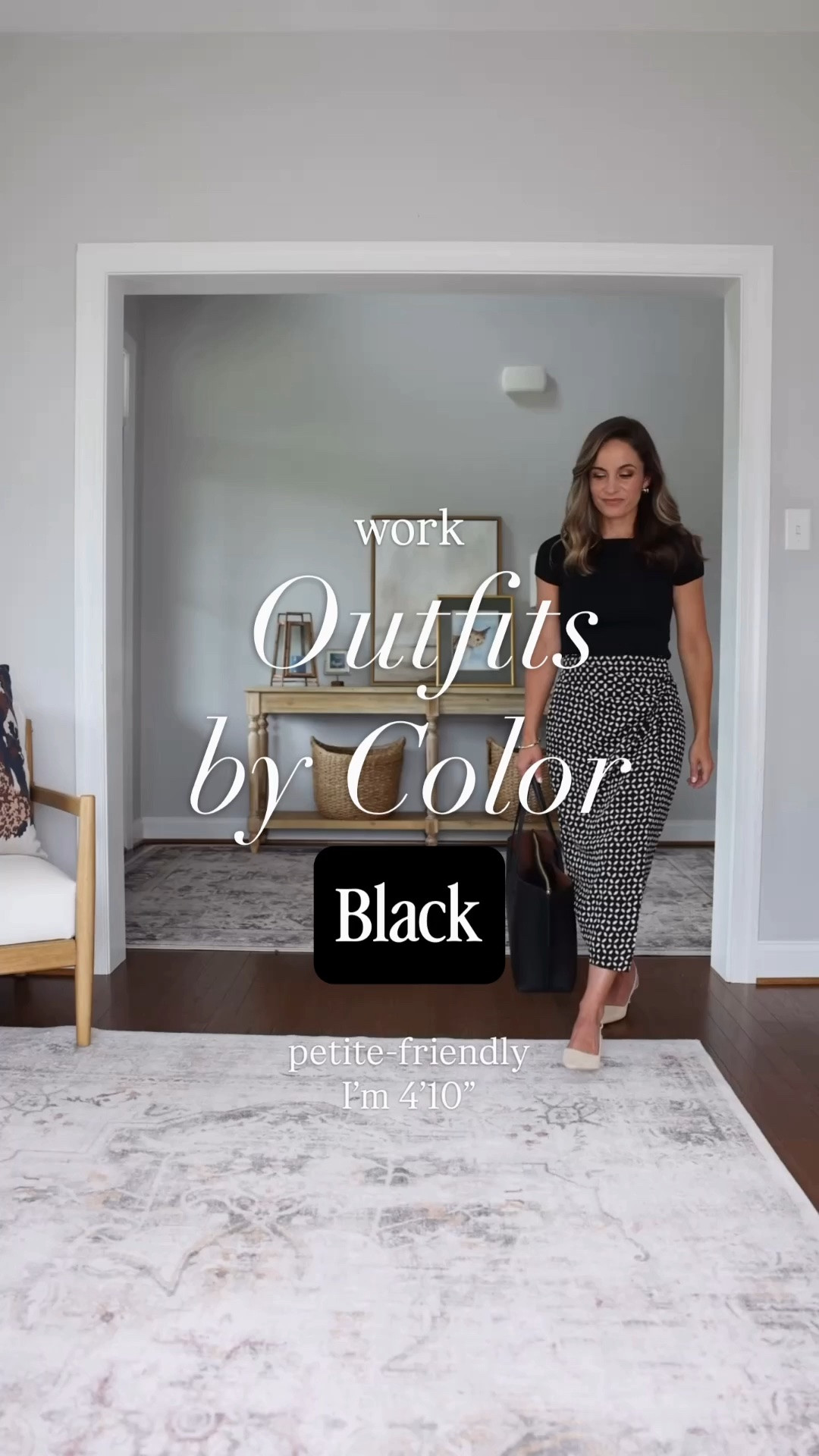 Work outfits by color series: black 

Outfit 1 
Skirt: petite 0 - sized up 
Top: petite xxs 

Outfit 2 
Pants: petite 00 - 28” inseam 
Top: petite xxs 

Outfit 3
Pants: petite xxs - runs large 27.5” inseam 
Top: xxs 

Outfit 4 
Dress: petite xxs

#LTKPetite #LTKWorkwear