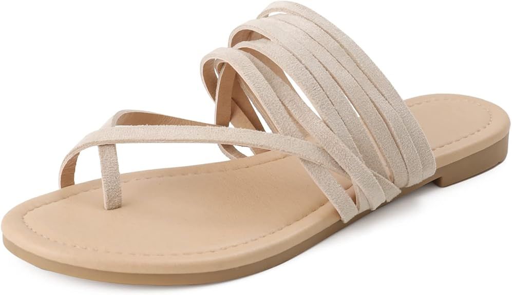Shoe'N Tale Women's Flat Sandals Fashion Slides Flip Flops Strappy Open Toe Slip On Dressy Shoes | Amazon (US)
