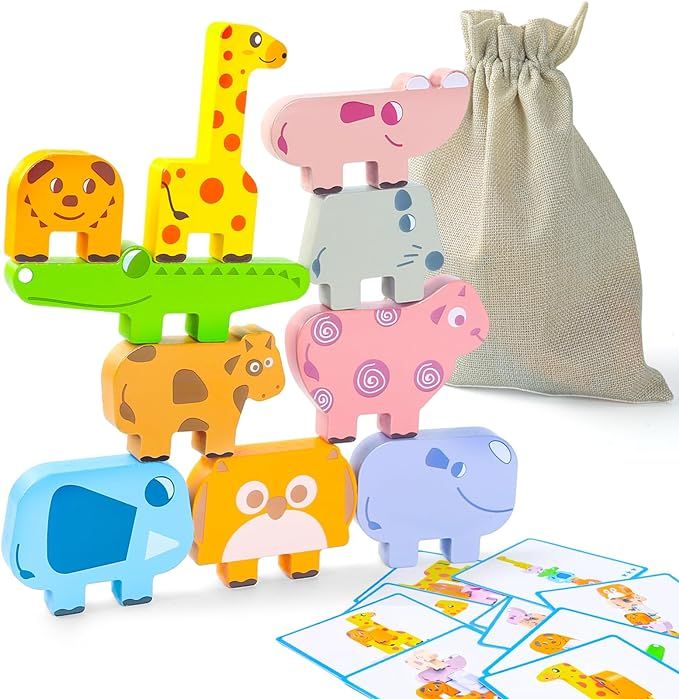 LovesTown 10PCS Wooden Animals Stacking Blocks, Animal Stacking Toys Balance Game with Challenge ... | Amazon (US)