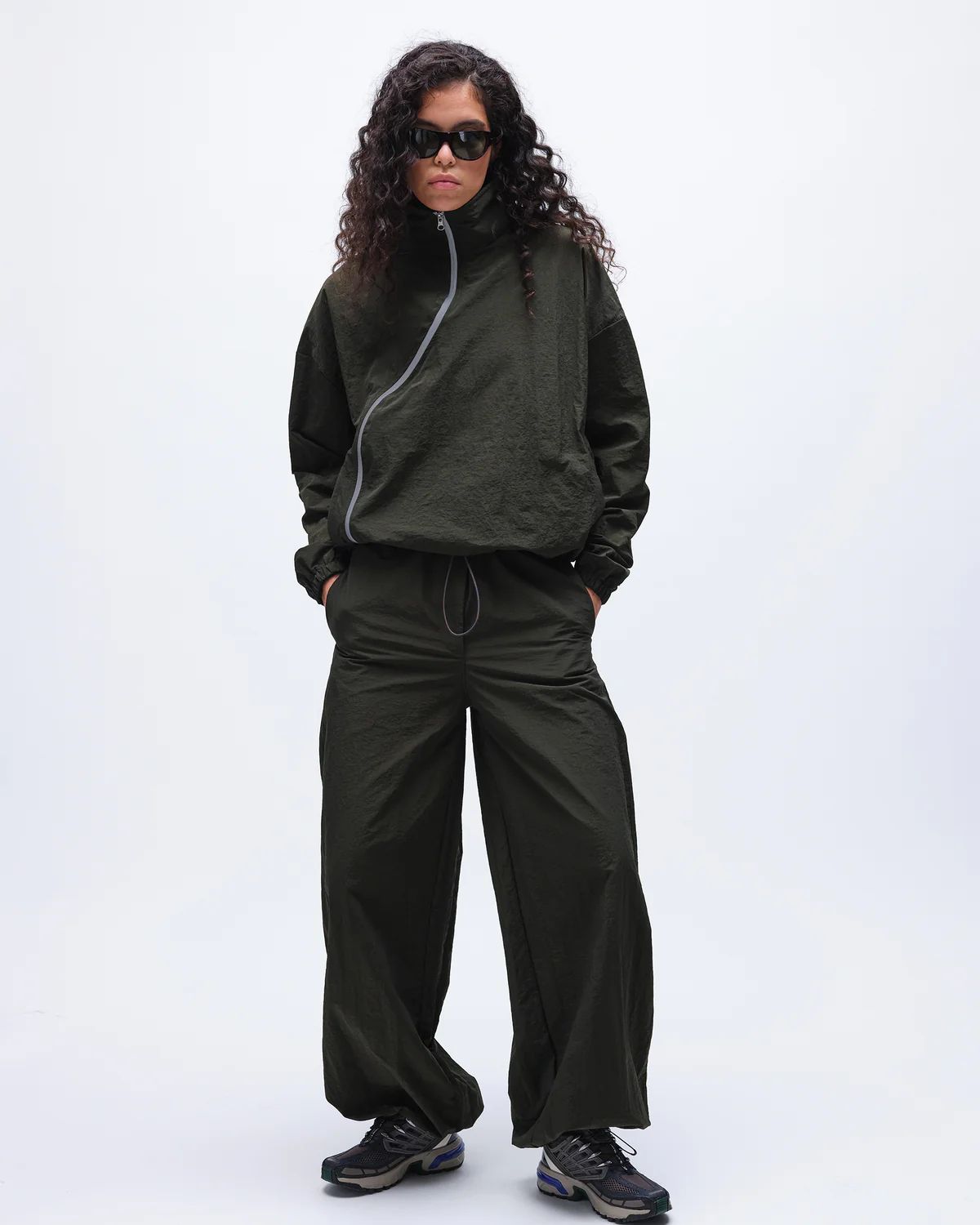 Nylon Asymmetric Jacket - Khaki Green | Adanola UK