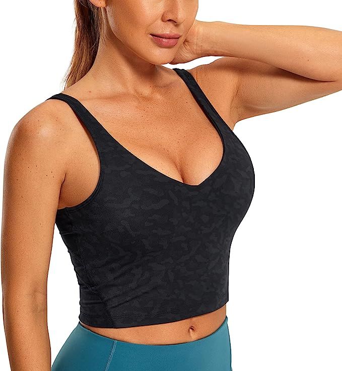 CRZ YOGA Womens V Neck Workout Tank Tops with Built in Bras - Cropped Padded Athletic Longline Sp... | Amazon (US)