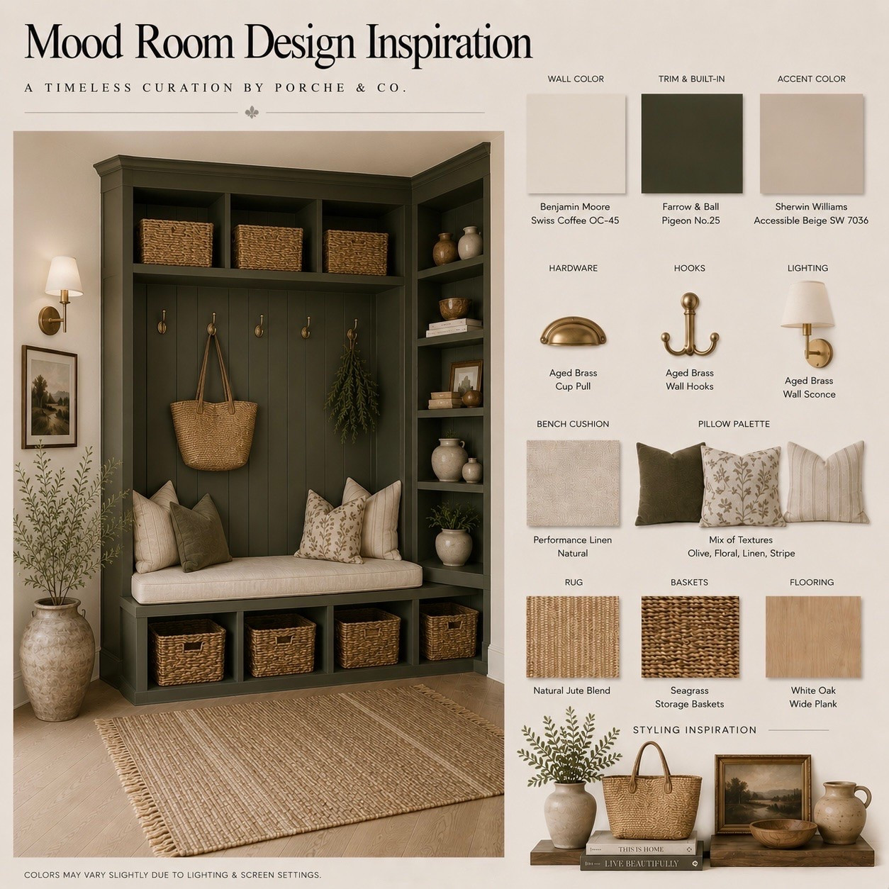 Soft neutrals, rich olive built-ins, and timeless natural textures come together in this beautifully curated mudroom design. ✨

This mudroom features Benjamin Moore Swiss Coffee walls, Farrow & Ball Pigeon built-ins, warm brass accents, white oak flooring, and layered woven textures to create a welcoming space that’s both functional and effortlessly timeless.

Featured finishes:

* Benjamin Moore Swiss Coffee OC-45 walls
* Farrow & Ball Pigeon No.25 built-ins
* Sherwin Williams Accessible Beige SW 7036 accent color
* Aged brass cup pulls & wall hooks
* Aged brass wall sconces
* Performance linen bench cushion
* Layered olive, floral, linen & striped pillows
* Natural jute blend rug
* Seagrass storage baskets
* White Oak wide plank flooring
* Modern traditional mudroom design
* Neutral mudroom inspiration

A perfect blend of thoughtful storage, timeless finishes, and everyday functionality designed to make coming home feel even more inviting. 🤍

#Mudroom #MudroomDesign #MudroomInspiration #BuiltInCabinetry #BenjaminMoore #SwissCoffee #FarrowAndBall #PigeonNo25 #AccessibleBeige #ModernTraditional #NeutralInteriors #HomeOrganization #EntrywayDesign #InteriorDesign #CustomBuiltIns #WhiteOakFloors #BrassHardware #HomeDecor #TimelessDesign #PorcheAndCo #LuxuryInteriors #HomeStyling #InteriorInspiration #DreamHome #LTKHome

#LTKvlog #LTKHome #LTKSeasonal