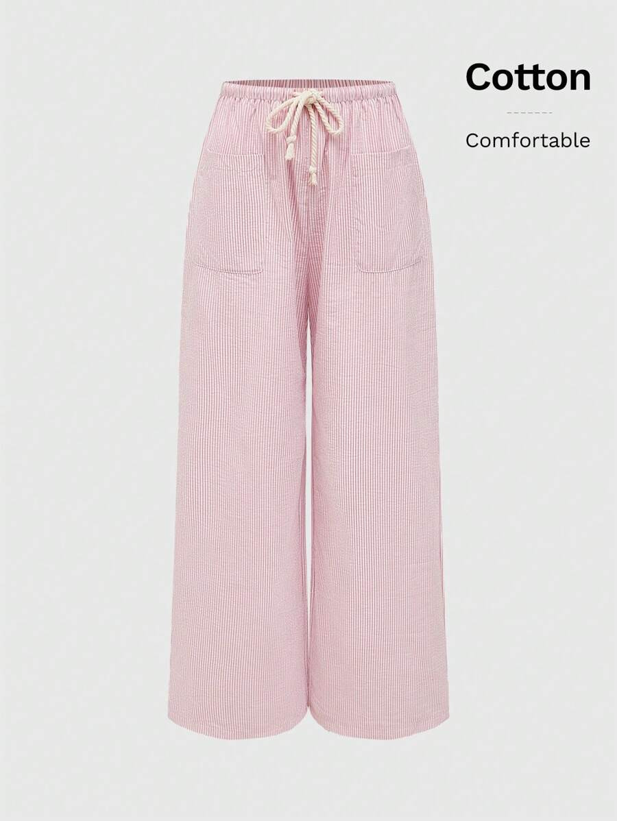 ROMWE Casual Loose Straight Pants For Women, Striped Tie Waist Linen Trousers For Home And Daily ... | SHEIN