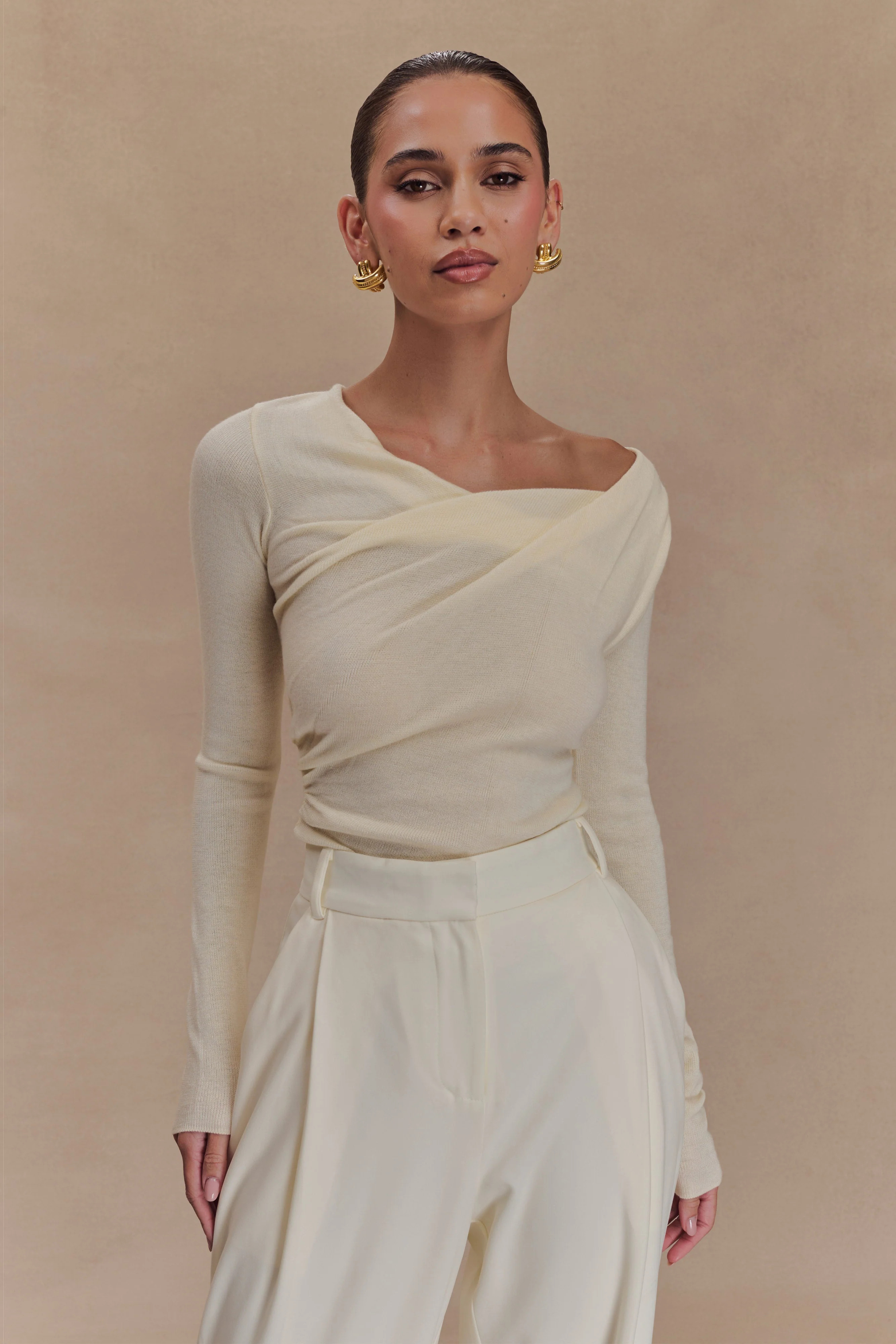 Culver Draped Twist Knit Top - Cream | Meshki (APAC)