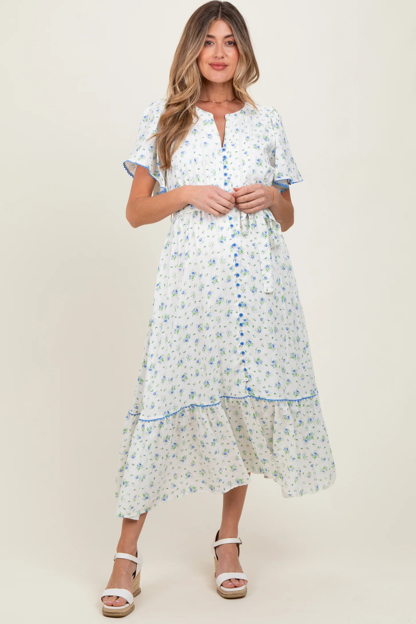 Ivory Floral Button Down Maternity Midi Dress | PinkBlush Maternity