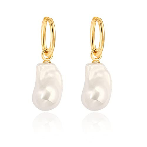 Aobei Pearl Big Baroque Pearl Drop Dangle Earring for Women 18K Gold Plated Endless Small Hoops Simulated Pearl Ear Jewelry for Wedding Bridesmaids Gift | Amazon (US)