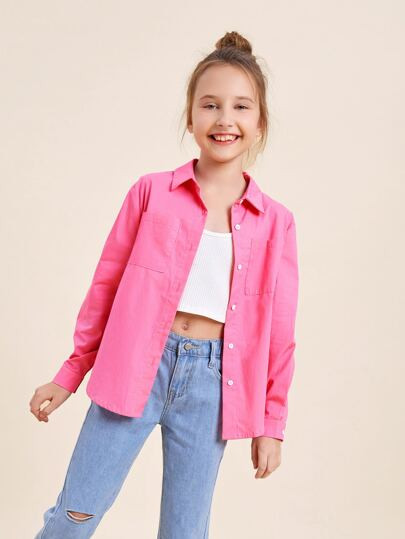SHEIN BASICS Girls Dual Pocket Button Front Blouse | SHEIN