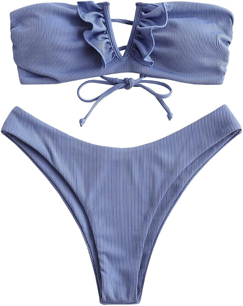 ZAFUL Damen Bandeau Schulterfrei Bikini Set Sexy Strandkleidung mit Blumenmuster Knote | Amazon (DE)