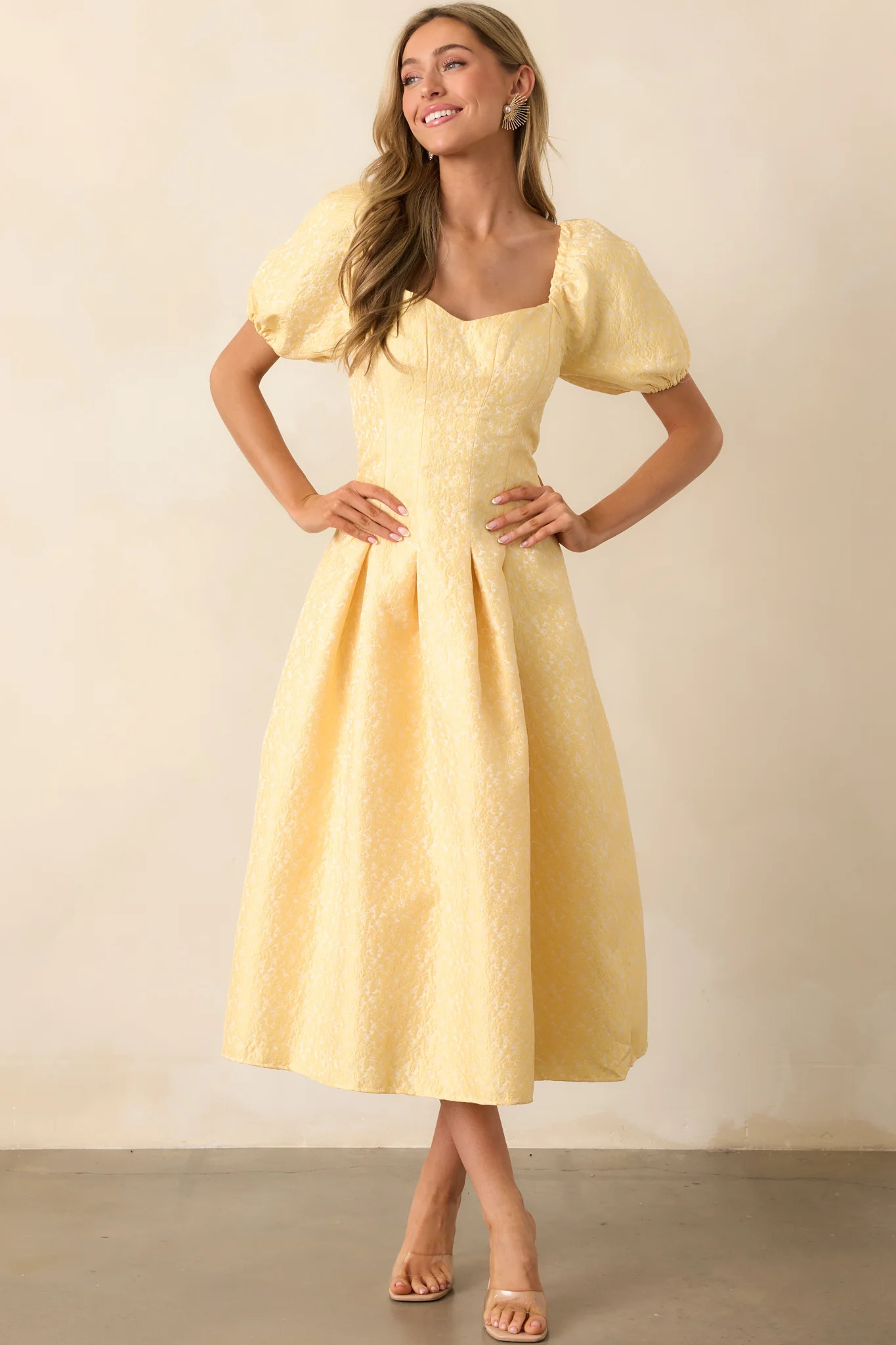 Shine So Bright Yellow Floral Jacquard Puff Sleeve Maxi Dress | Red Dress