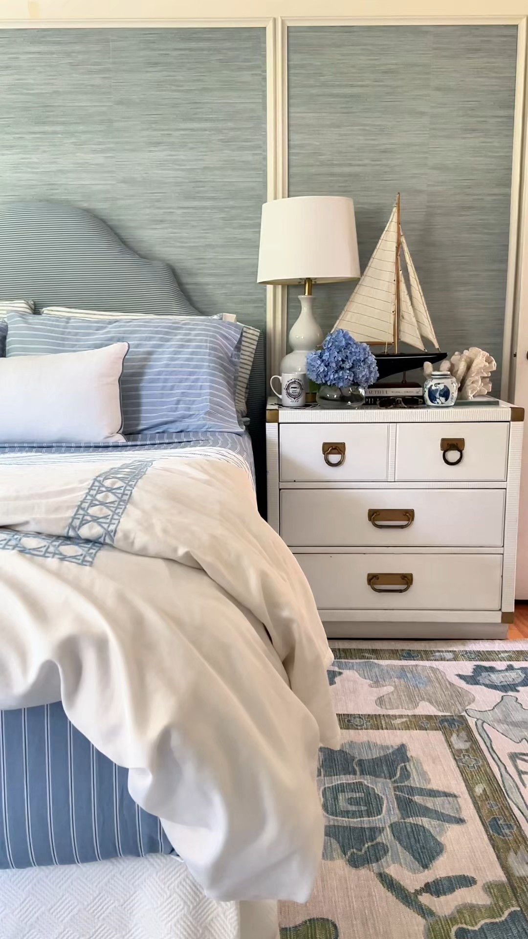 Summer bedroom refresh with crisp striped sheets, a recovered headboard, new oushak rug 

#LTKOver40 #LTKSeasonal #LTKHome