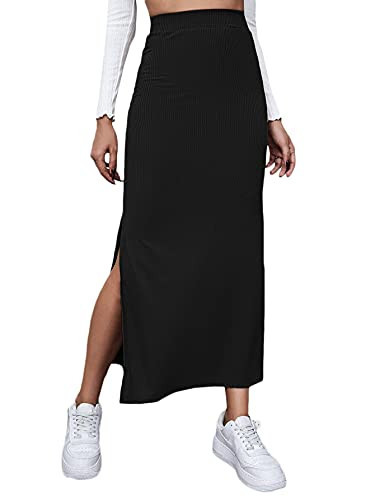 GORGLITTER Women's Split Ribbed Knit Bodycon Maxi Skirt High Waisted Side Slit Pencil Long Skirts Black Small | Amazon (US)