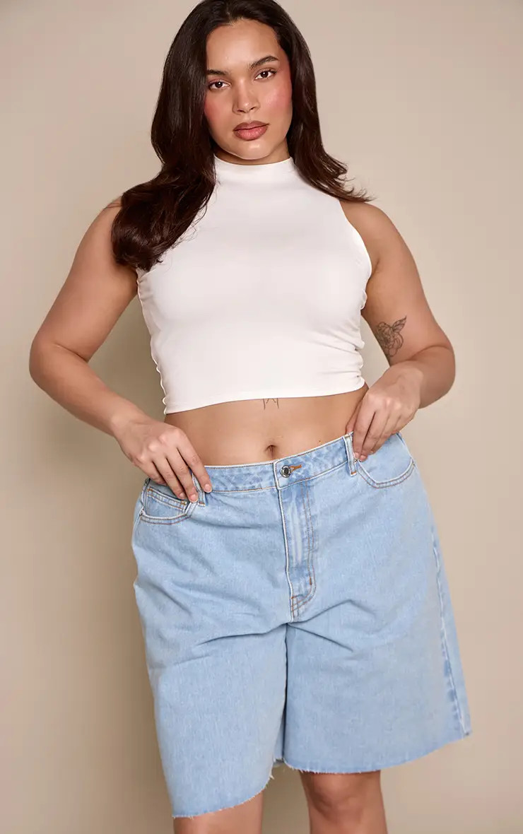 Plus White Soft Touch High Neck Crop Top | PrettyLittleThing US