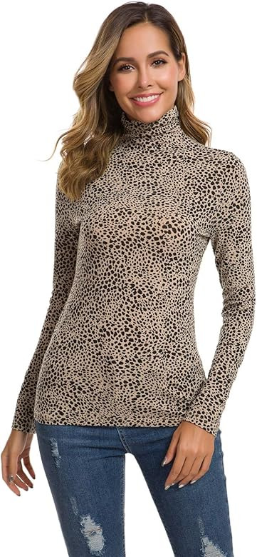 Women's Long Sleeve Turtleneck Shirt Basic Stretchy Lightweight Layer Leopard/Tie Dye Print Tee T... | Amazon (US)