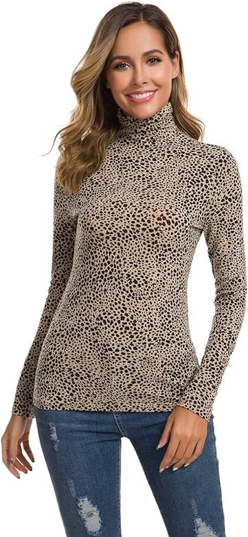 Women's Long Sleeve Turtleneck Shirt Basic Stretchy Lightweight Layer Leopard/Tie Dye Print Tee T... | Amazon (US)
