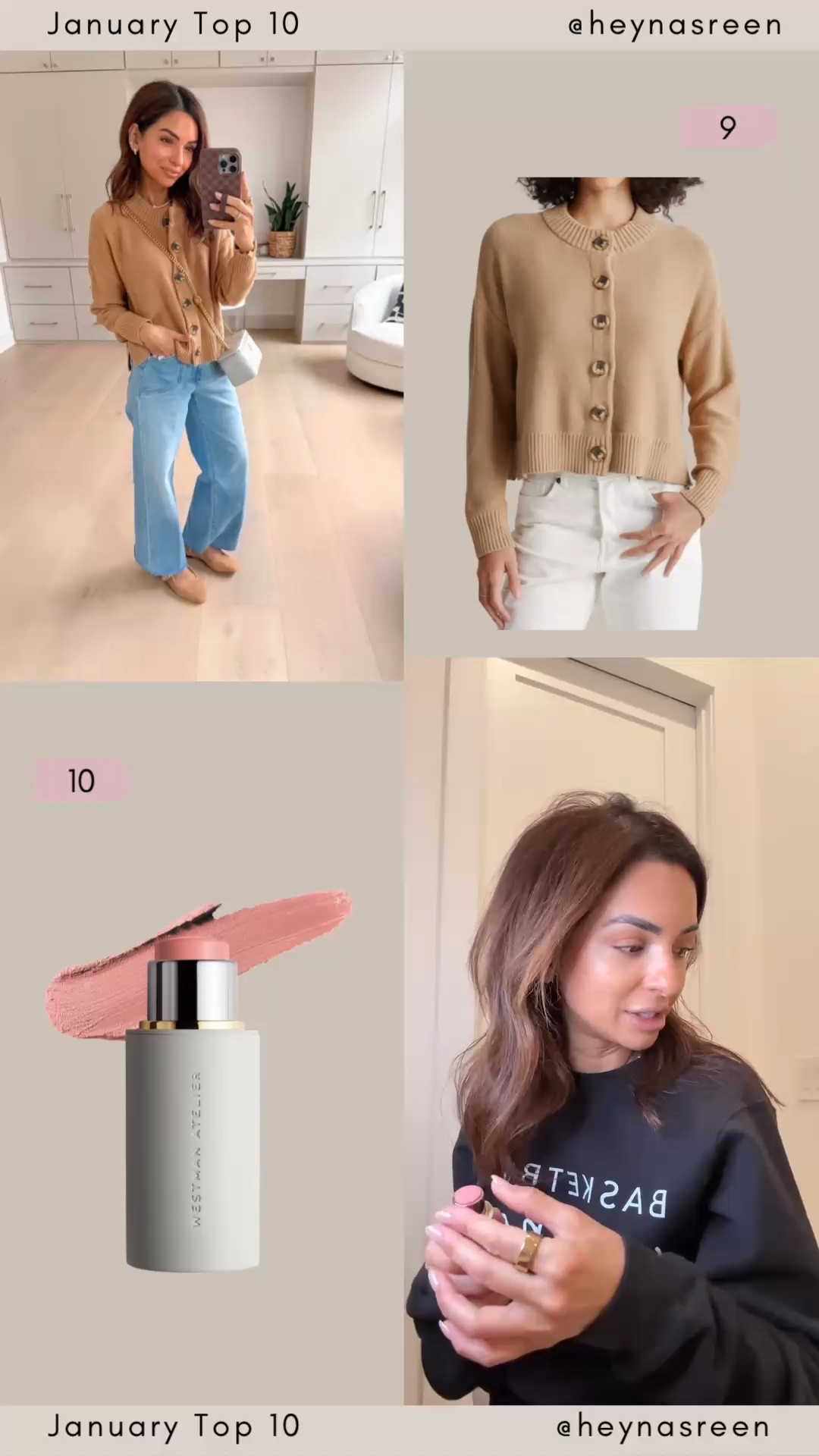 January Top 10:
#9: Quince cardigan, such a great quality for the price, I’m wearing my true size XS.
#10: Westman Atelier blush (shade Chouchette)