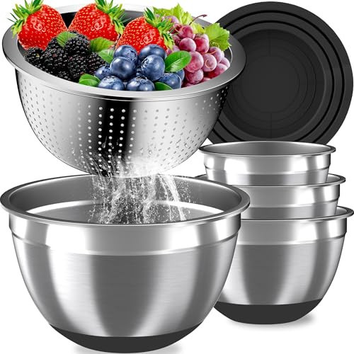 Mixing Bowls with Airtight Lids Set, 4 Stainless Steel Bowls Nesting Bowls & Colander, Kitchen Organizers and Storage Non-Slip Bottom, Size 1.5/2.0/2.5/4.5QT, Great for Mixing & Serving, Black | Amazon (US)