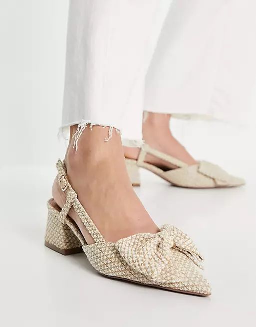 ASOS DESIGN Spring bow mid heeled shoes in natural | ASOS (Global)