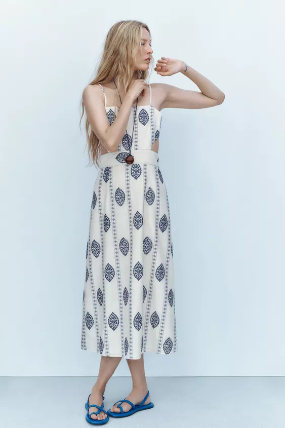 CUT OUT EMBROIDERED MIDI DRESS | Zara US