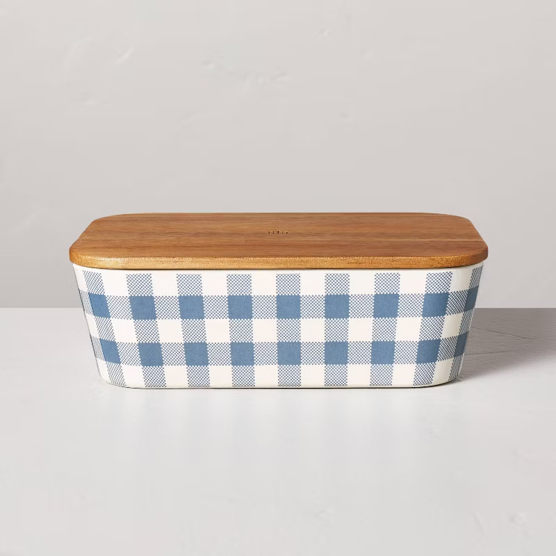 45oz Gingham Bamboo-Melamine Bento Food Storage Box with Wood Lid Blue/Cream - Hearth & Hand™ w... | Target