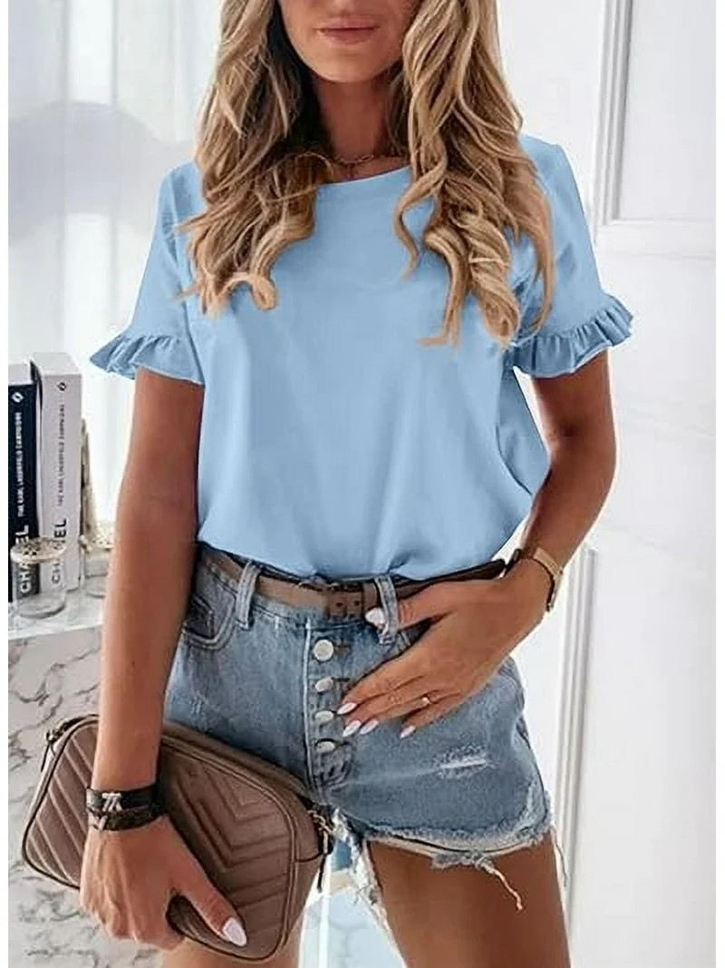 PRETTYGARDEN Women's Short Sleeve Casual T Shirts Summer Ruffle Plain Round Neck Loose Fit Tee Bl... | Walmart (US)