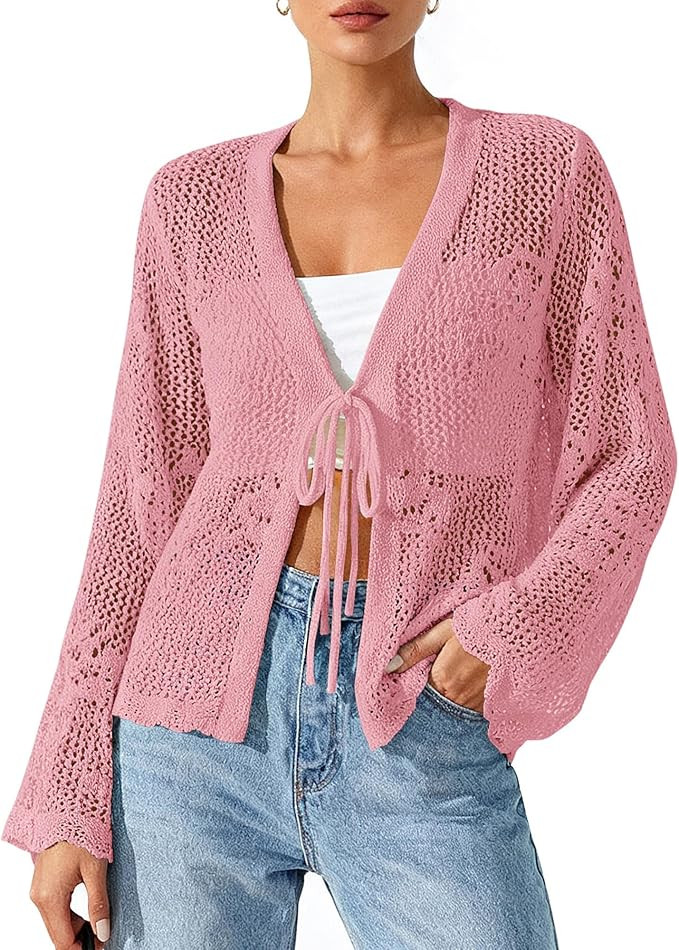 Summer Cardigans for Women Lightweight 2026 Spring Crochet Hollow Out Long Sleeve Tie Front Beach... | Amazon (US)