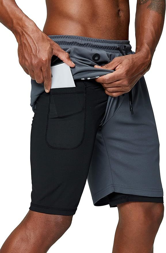 Pinkbomb Men's 2 in 1 Running Shorts Gym Workout Quick Dry Mens Shorts with Phone Pocket | Amazon (US)