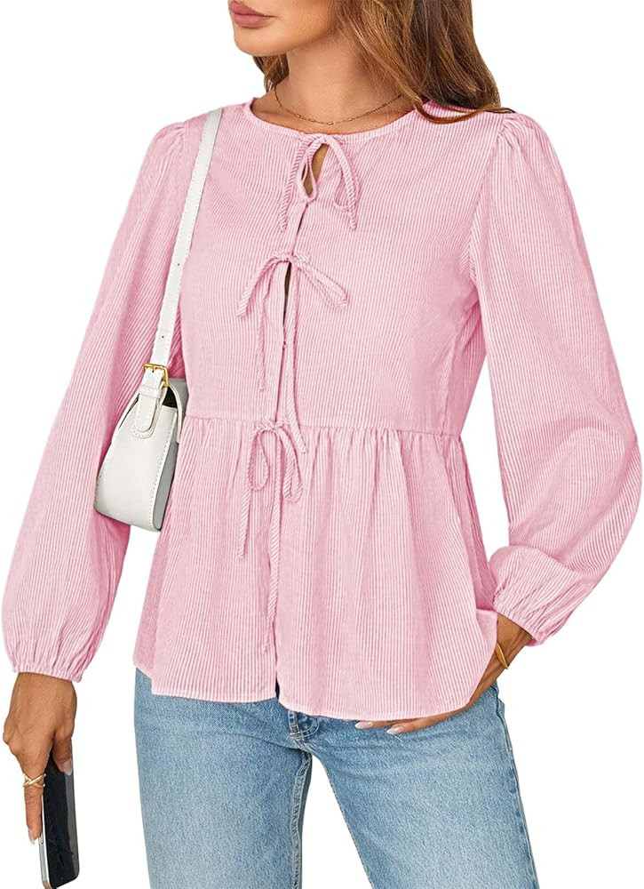 MEROKEETY Women's Tie Front Striped Peplum Tops Long Puff Sleeve Button Casual Babydoll Blouse Sh... | Amazon (US)