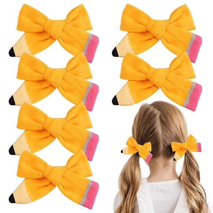 Back to School Pencil Hair Bows Clips,The Hand Painted Yellow Pencil Schoolgirl Pigtail Bows Clip... | Amazon (US)
