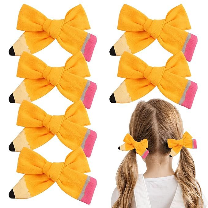 Back to School Pencil Hair Bows Clips,The Hand Painted Yellow Pencil Schoolgirl Pigtail Bows Clip... | Amazon (US)