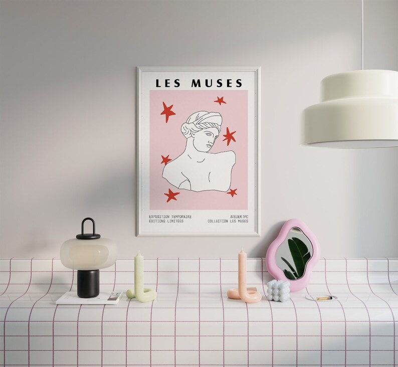 Les Muses 3 ART PRINT Greek Bust Statue Art Pink Red Artwork Abstract Greek Museum Poster Living ... | Etsy (UK)