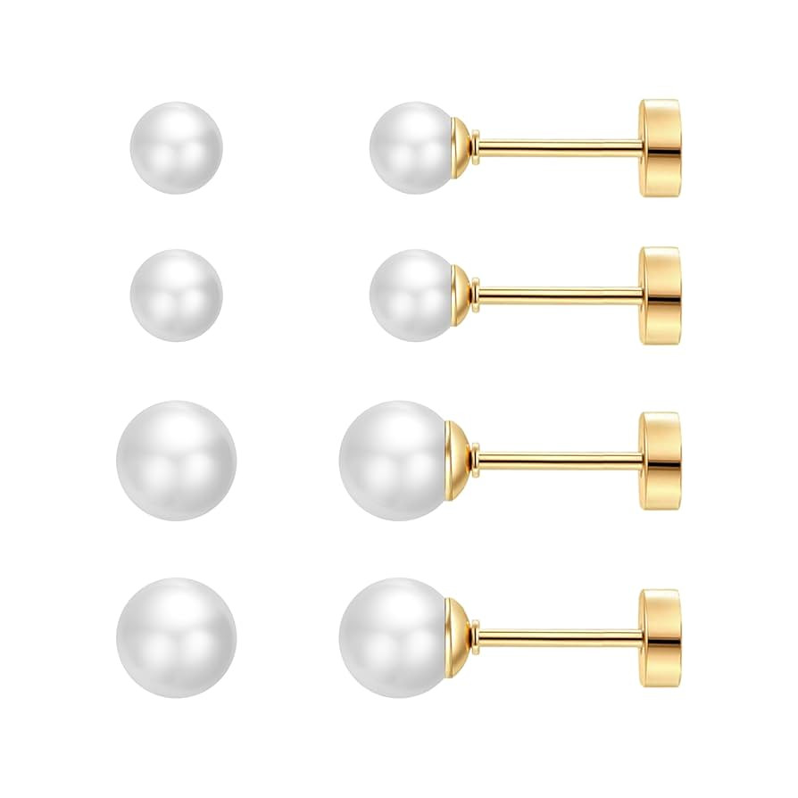 SmileBelle 2 Pairs Pearl Stud Earrings for Women, Gold Flat Back Pearl Earrings Screw Back Hypoal... | Amazon (US)