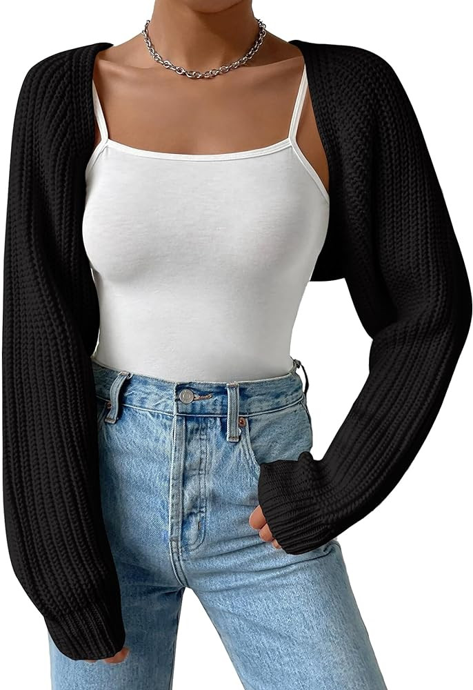 Women's Long Sleeve Open Front Knitted Crop Cardigan Drop Shoulder Knit Bolero Shrug Sweater | Amazon (US)