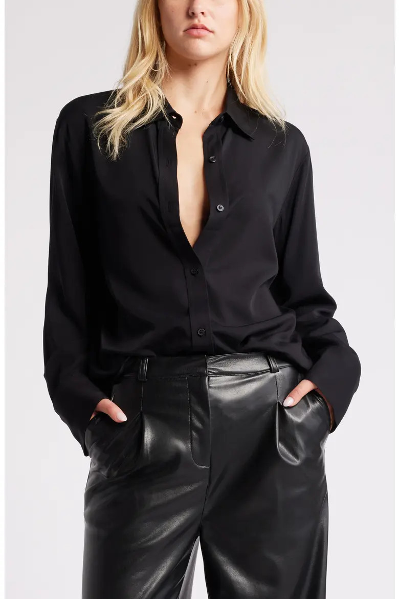 Open Edit Relaxed Fit Long Sleeve Button-Up Shirt in Black at Nordstrom, Size X-Small | Nordstrom