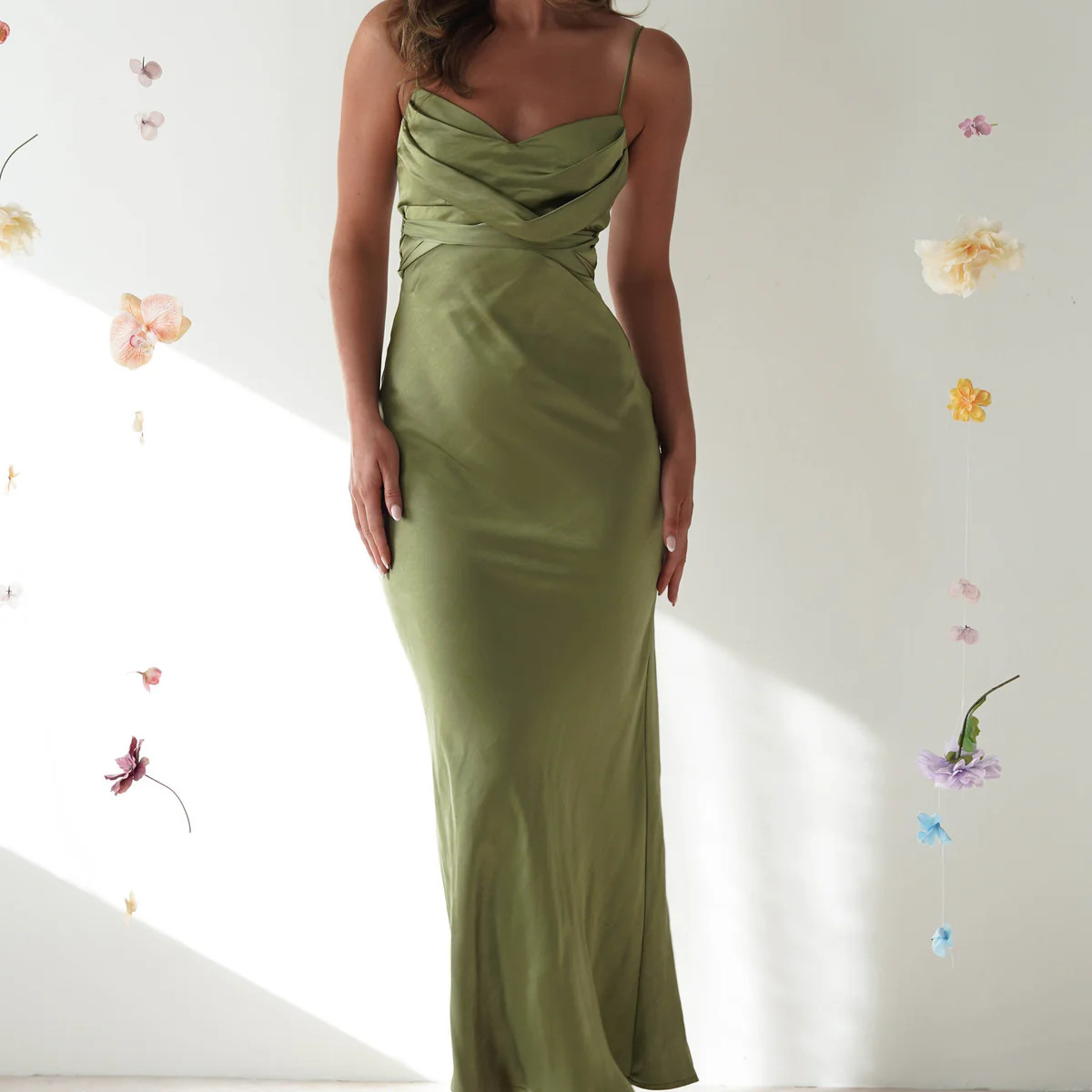 Everleigh Soft Satin Midi Dress | Olive | Oh Hello Clothing