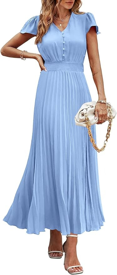 PRETTYGARDEN Women's Summer Maxi Dresses 2025 Trendy Casual Button V Neck Ruffle Cap Sleeve Long ... | Amazon (US)