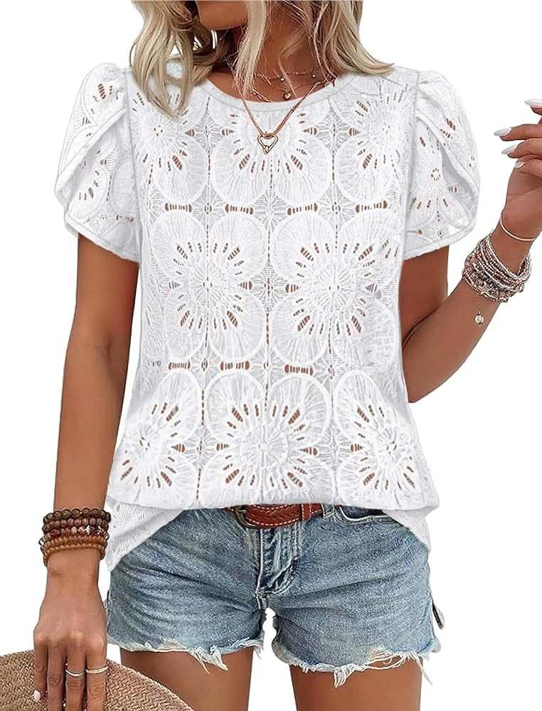 OFEEFAN Blouses for Women Dressy Casual Petal Short Sleeve Shirts Crochet Lace Boho Tops Spring F... | Amazon (US)