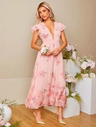 SHEIN Belle Floral Print Plunging Neck Butterfly Sleeve Bridesmaid Dress | SHEIN
