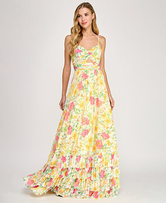 Dear Moon Juniors' Floral Ruched Cutout Gown - Macy's | Macy's