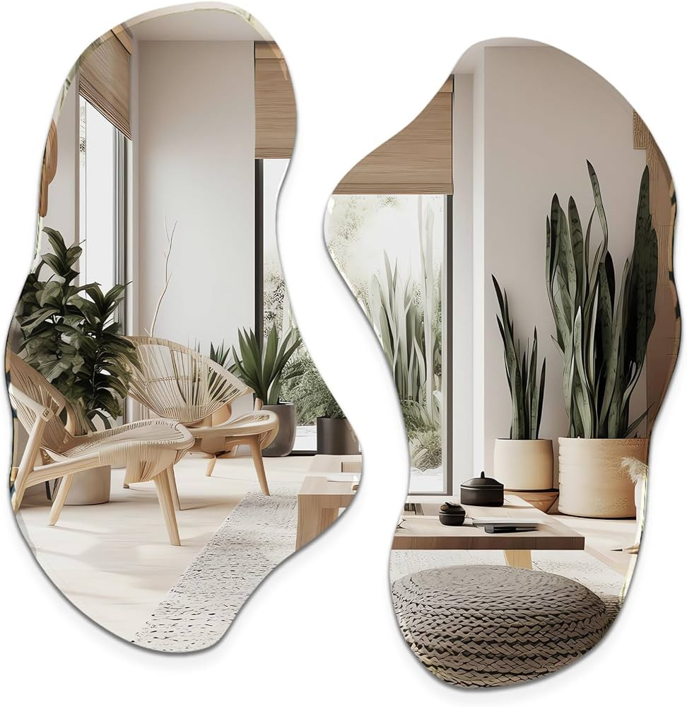 Irregular Wall Mirror, Set of 2, 31.5 x 17.5, Asymmetrical Curvy Groovy Blob Decor for Living Roo... | Amazon (US)